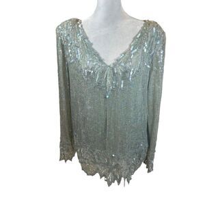 Ladies Vintage 80’s Scala Brand Silk and‎ Sequin Long Sleeve Blouse Size Medium